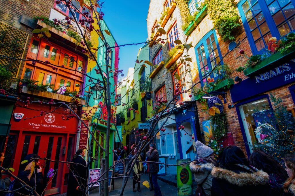 Bright coloured shopfronts in Neal's Yard, Covent Garden, London