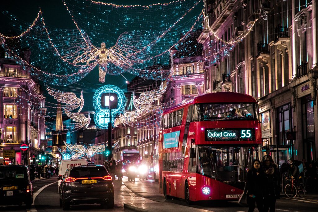 London by night with Christmas lights overhead