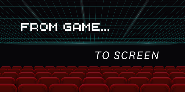 Title image ' From Game to Screen' featuring red cinema seats and gaming matrix imagery