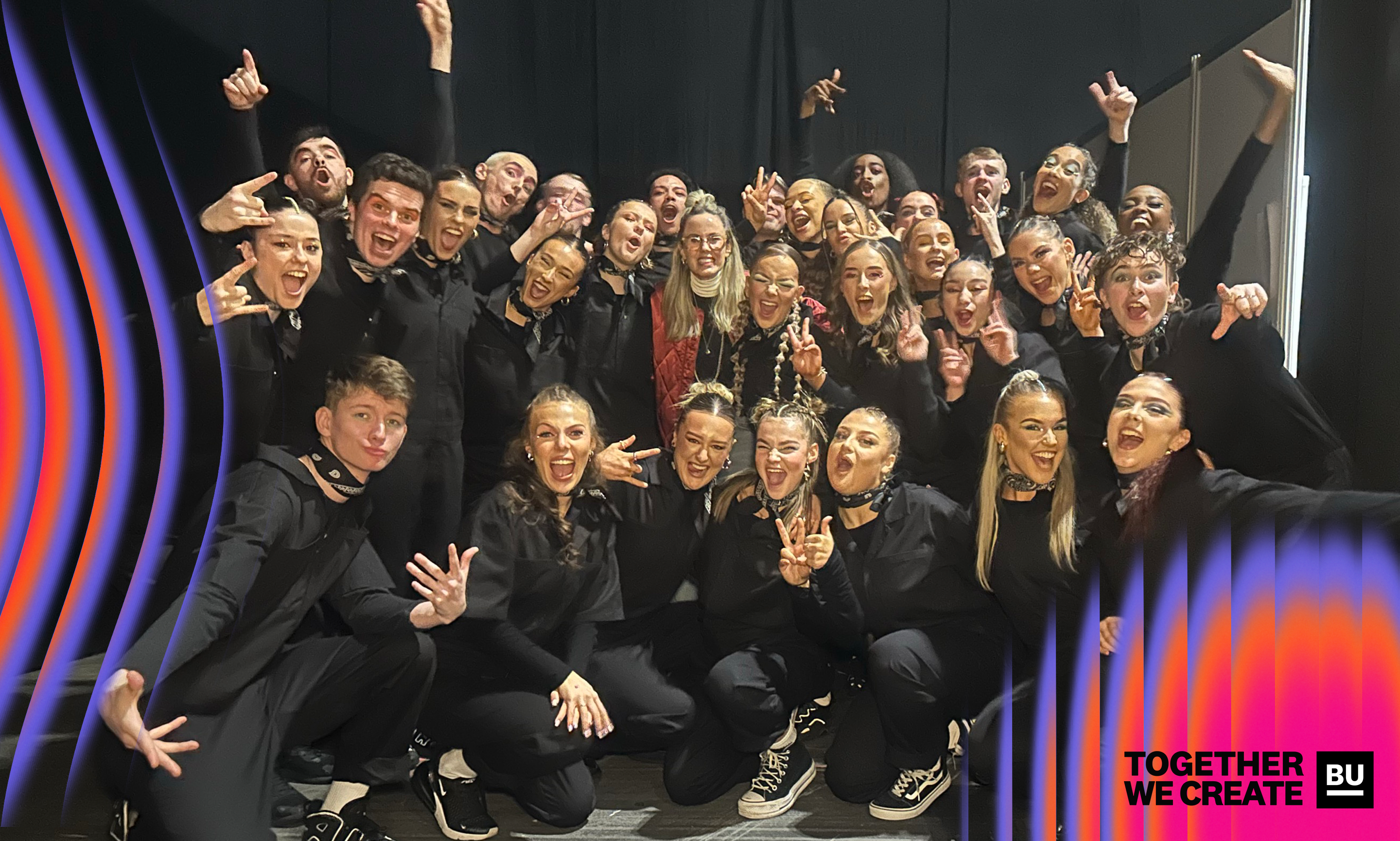 Essex and Birmingham Students pose together backstage at Move IT