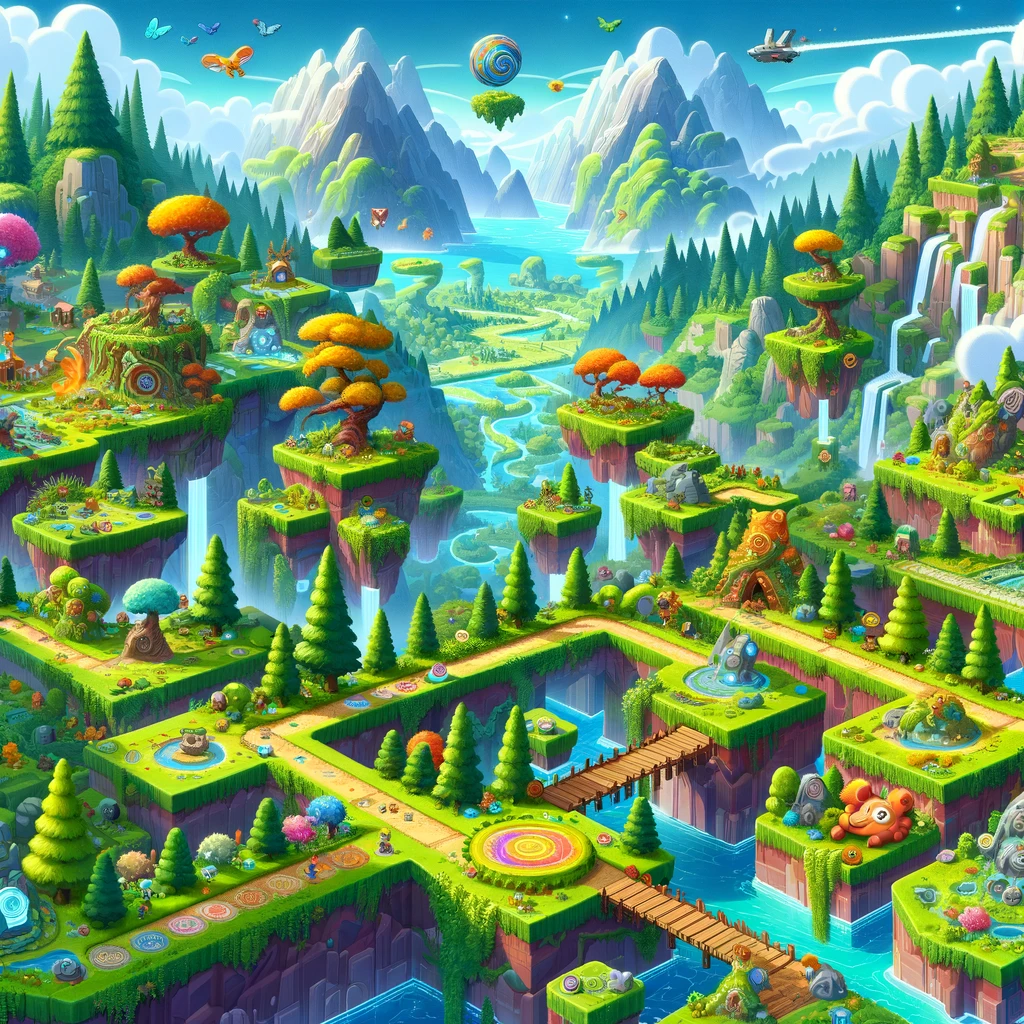a colourful video game landscape featuring green environment in foreground and blue mountains in background