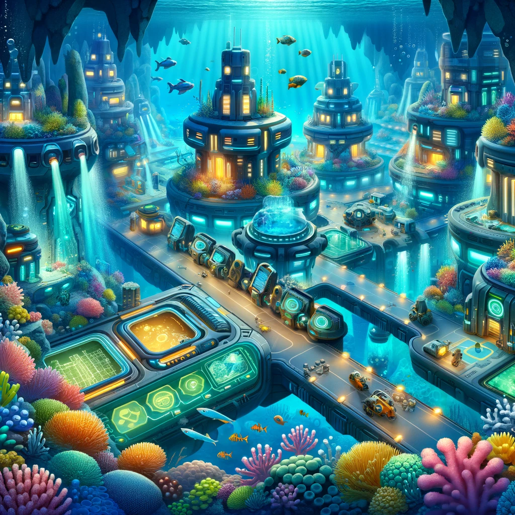 A-video-game-scene-depicting-an-underwater-city.-The-city-is-built-with-advanced-technology-featuring-glowing-buildings-marine-life-swimming-around