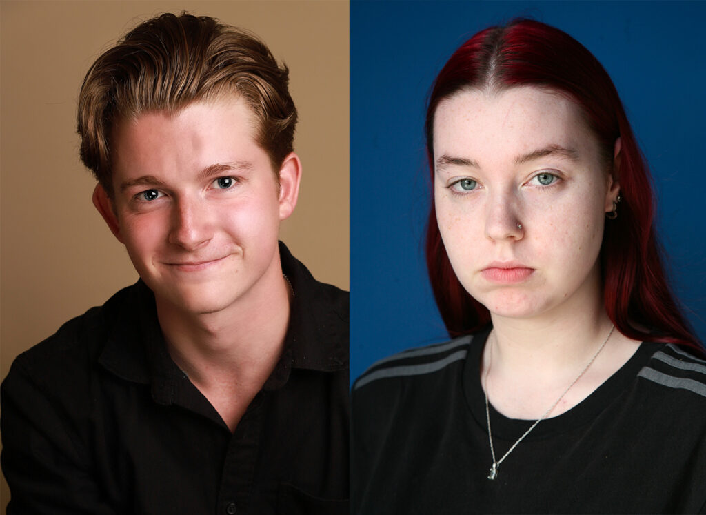 tom and zoe pose for their headshots staring directly to camera